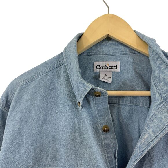 Carhartt Large Denim Button Up Long Sleeve Shirt Cotton Blue Mens - Picture 7 of 16